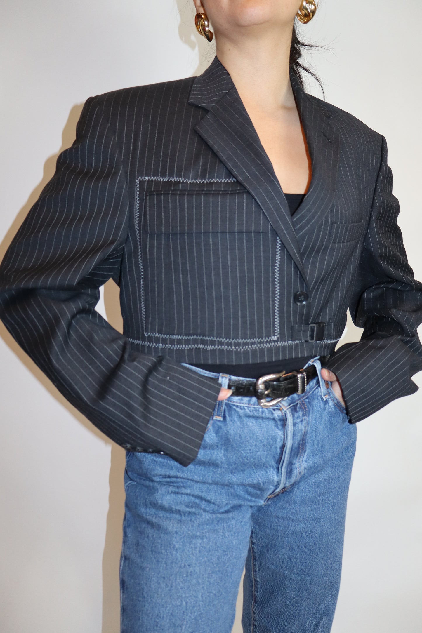 Reworked cropped pinstripe blazer