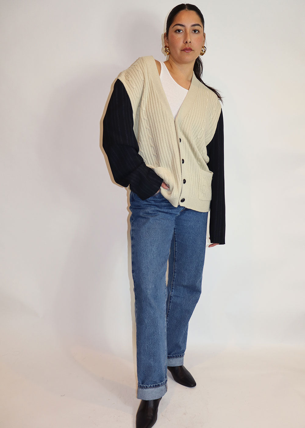 Reworked cardigan with blazer sleeves