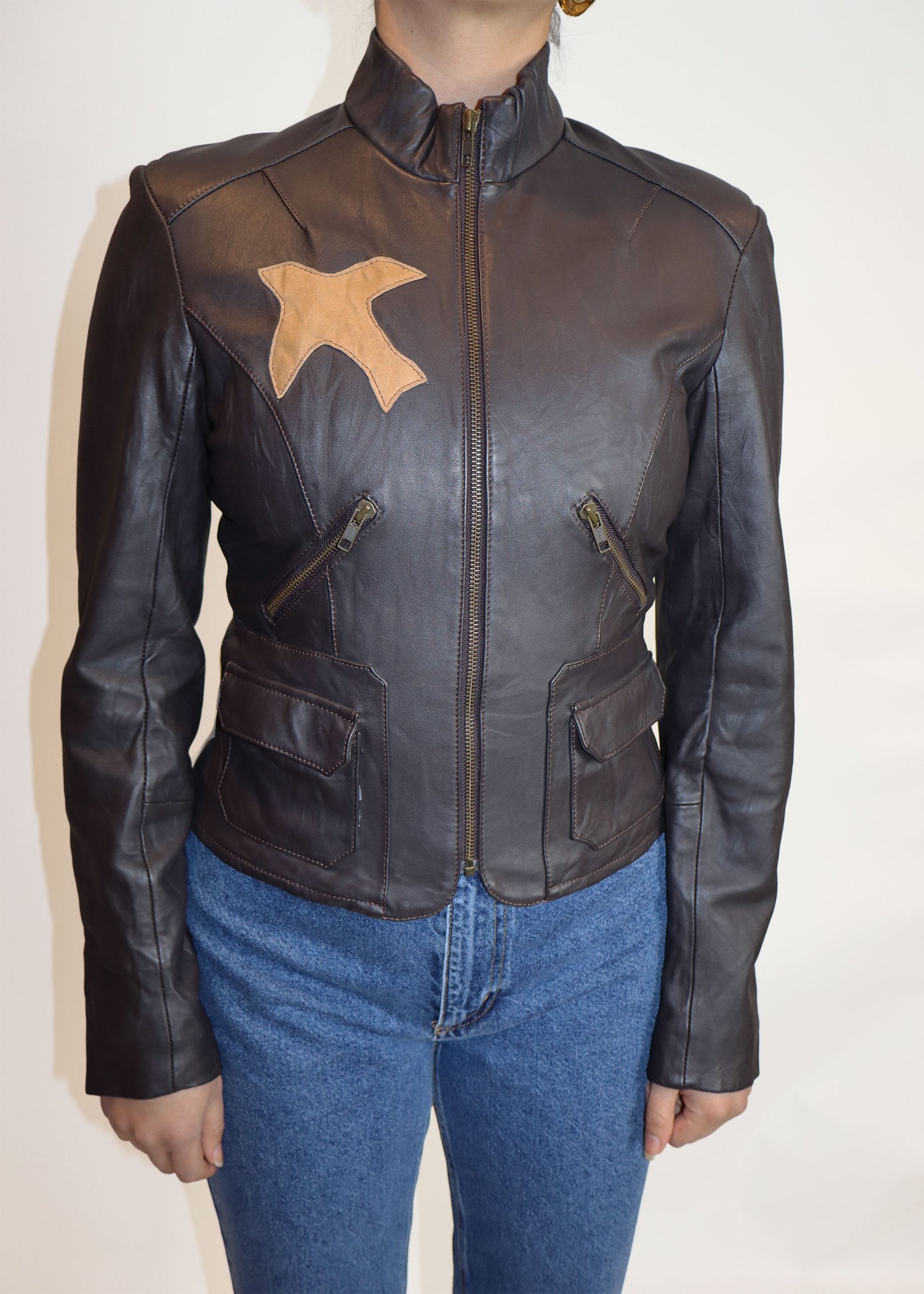 Pre-loved fitted brown leather jacket